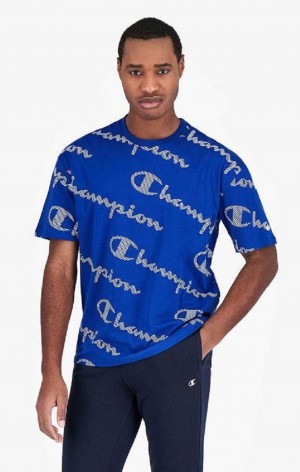 Champion All-Over Striped Effect Script Logo T-Shirt Men's T Shirts Blue | MYXEF-3964