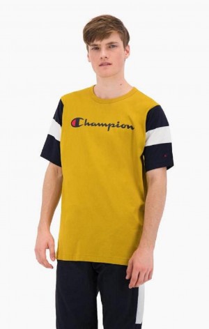 Champion Colour Block Script Logo T-Shirt Men's T Shirts Gold | QDFOG-9541