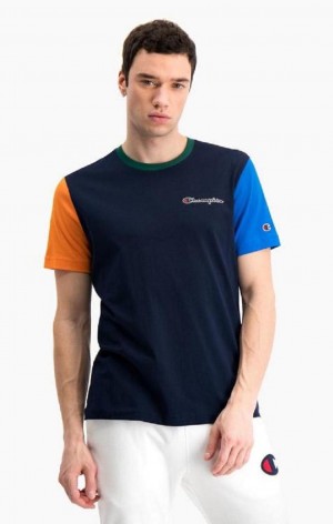 Champion Contrast Colour Block Sleeve T-Shirt Men's T Shirts Dark Blue | FNKSI-6920