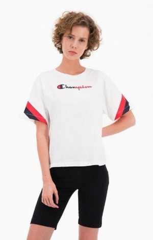 Champion Contrast Logo Stripe Jersey Top Women's T Shirts White | USVKG-0697