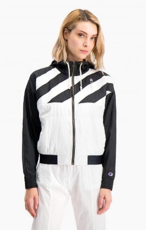 Champion Diagonal Stripe Hooded Rain Jacket Women's Jackets Black White | EUZFR-8941