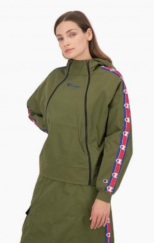 Champion Double Zip Logo Tape Utility Hooded Jacket Women's Hoodie Olive Green | MVAYR-6489