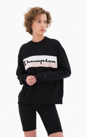 Champion Rib Insert Script Logo Cotton Terry Sweatshirt Women's Sweatshirts Black | PBLDI-9043