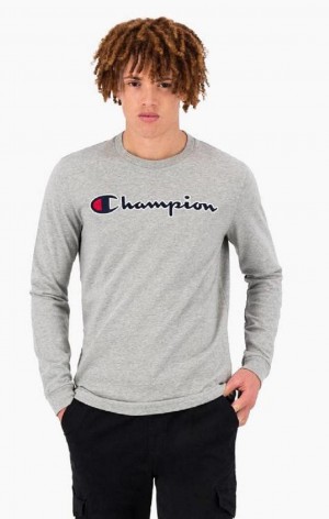 Champion Satin Stitch Script Logo T-Shirt Men's T Shirts Light Grey | QXIZT-3210