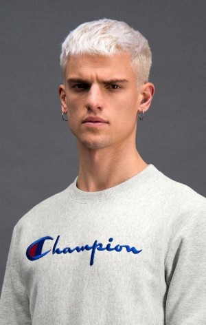 Champion Script Logo Reverse Weave Sweatshirt Men's Sweatshirts Light Grey | UZFPY-4853