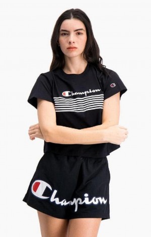 Champion Script Logo Stripe Curved Hem Cropped T-Shirt Women's T Shirts Black | HRZBL-2978