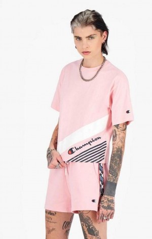 Champion Stripe Detail Script Logo T-Shirt Women's T Shirts Pink | OGJXE-3281