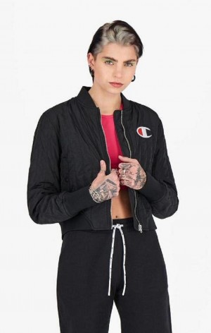 Champion Textured Cropped Bomber Jacket Women's Jackets Black | ARPXZ-1580