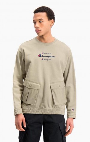 Champion Triple Script Logo Cargo Pocket Sweatshirt Men's Sweatshirts Beige | BLCAD-0813