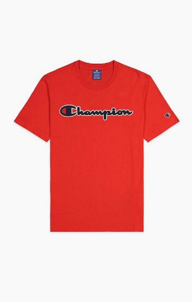 Champion Satin Script Logo T-Shirt Men's T Shirts Red | YXQBK-3416