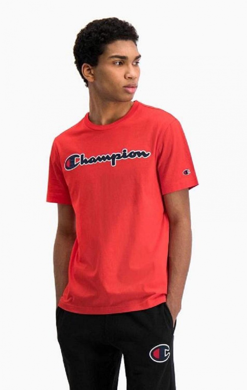 Champion Satin Script Logo T-Shirt Men\'s T Shirts Red | YXQBK-3416
